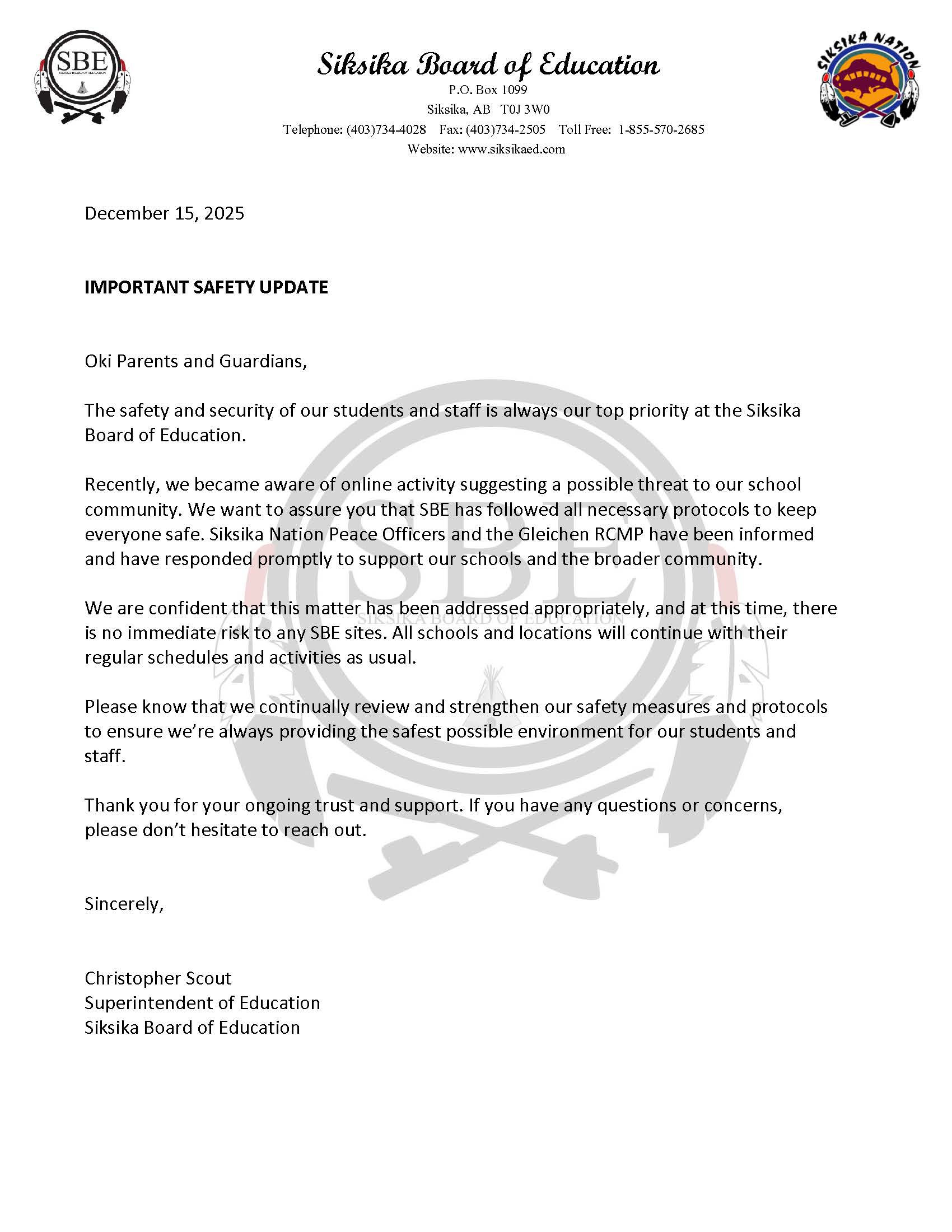 Important Safety Update – Siksika Board of Education